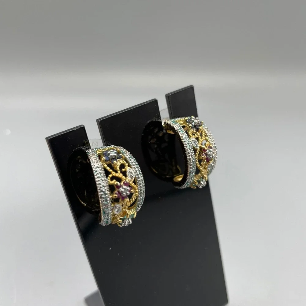 Two Tone Floral Filigree‎ J Hoop Earrings Multi Color CZ 925 Sterling Silver